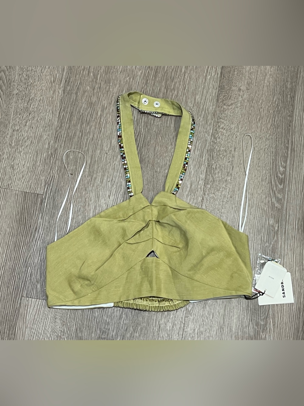 Sandro Avedis Embellished Linen Blend Crop Top Size 3 NWT - Picture 3 of 6